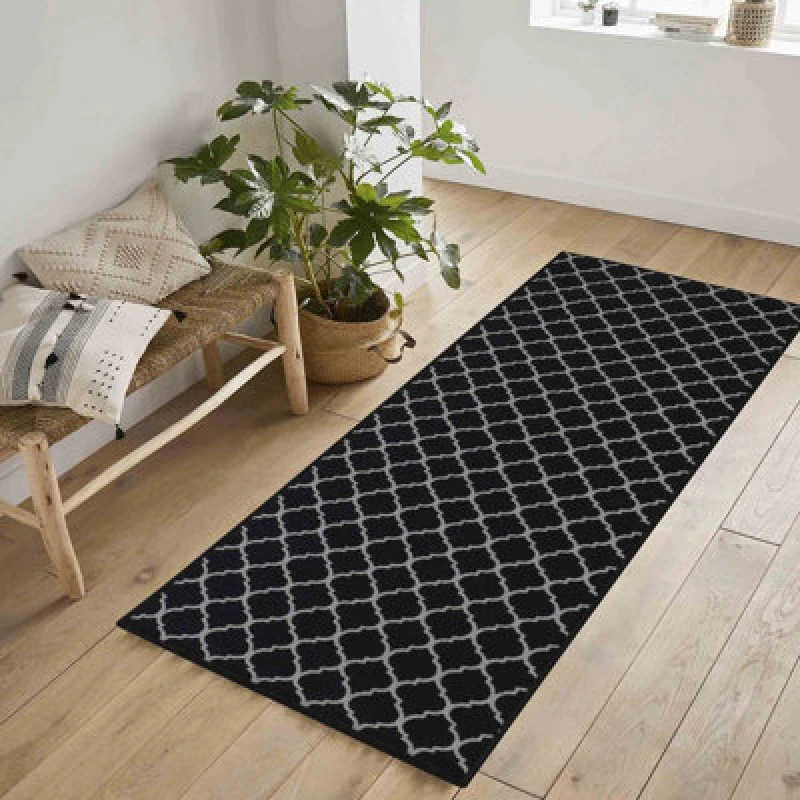 Image of Machine Washable Trellis Design Anti Slip Doormats Black 67X220 Cm