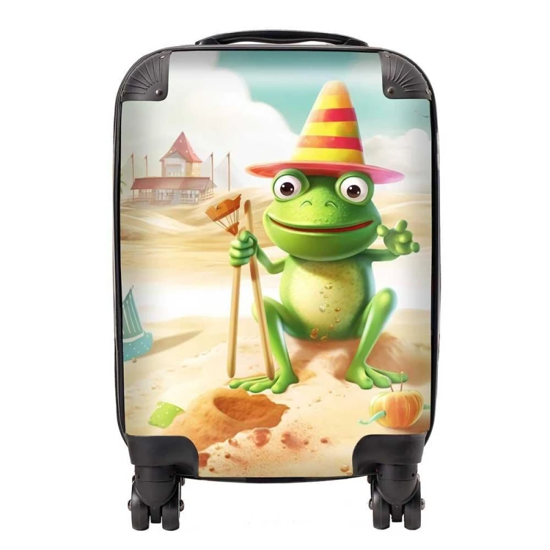 Image of Warren Reed - Designer Happy Frog On A Beach Holiday Suitcase in Yellow Size: Small Yellow Unisex Small