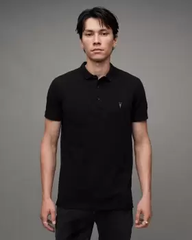 Image of AllSaints Mens Slim Fit Reform Short Sleeve Polo Shirt, Black, Size: L