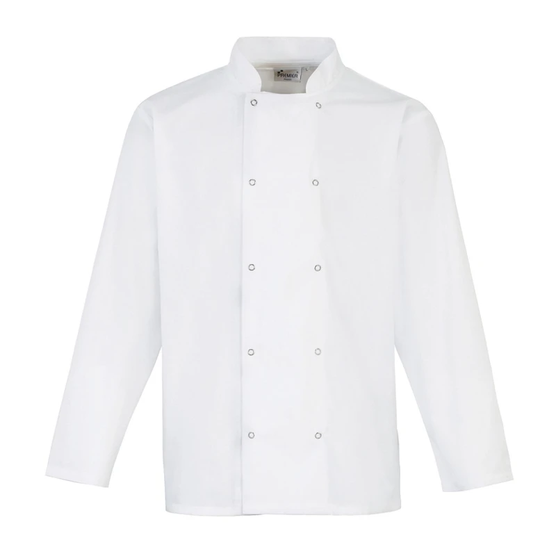 Image of Premier Premier Men Stud Front Long-Sleeved Chef Jacket in White Size: 4X-Large White 4XL Male 5063652179611
