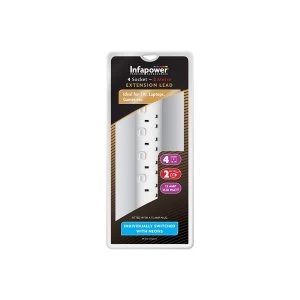 image of Infapower 4 Socket with Individual Switches 13amp Extension Lead White - 2m UK Plug