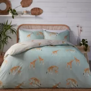 image of Fusion Milo Giraffe Print Easy Care Reversible Duvet Cover Set, Duck Egg, Single