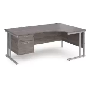 image of Maestro 25 right hand ergonomic desk 1800mm wide with 2 drawer pedestal - silver cantilever leg frame and grey oak top