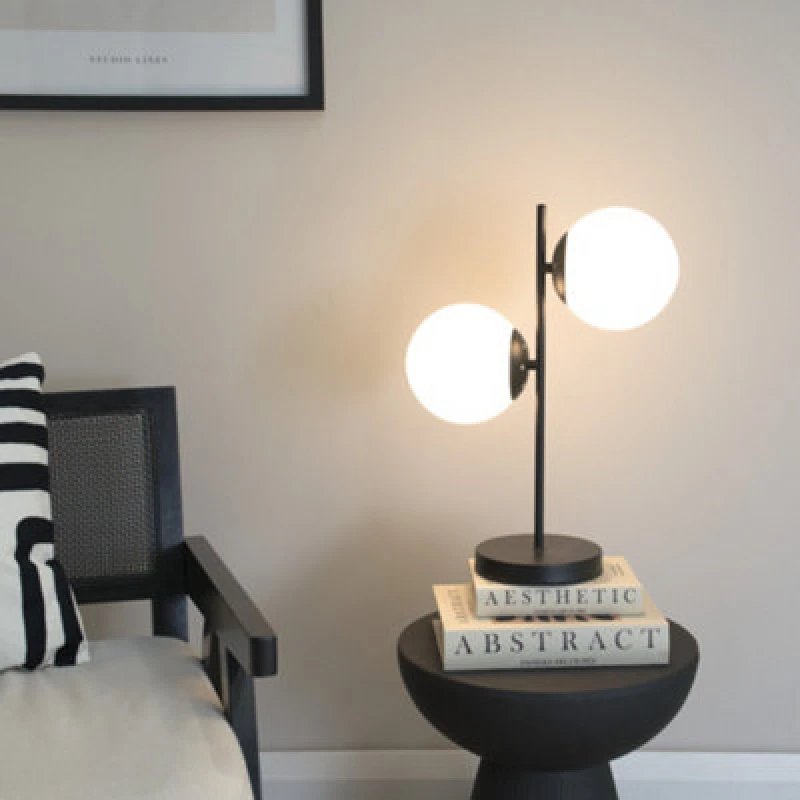 Image of ValueLights Jas Opal White Frosted Glass Globe Shades 2 Way Table Lamp Black