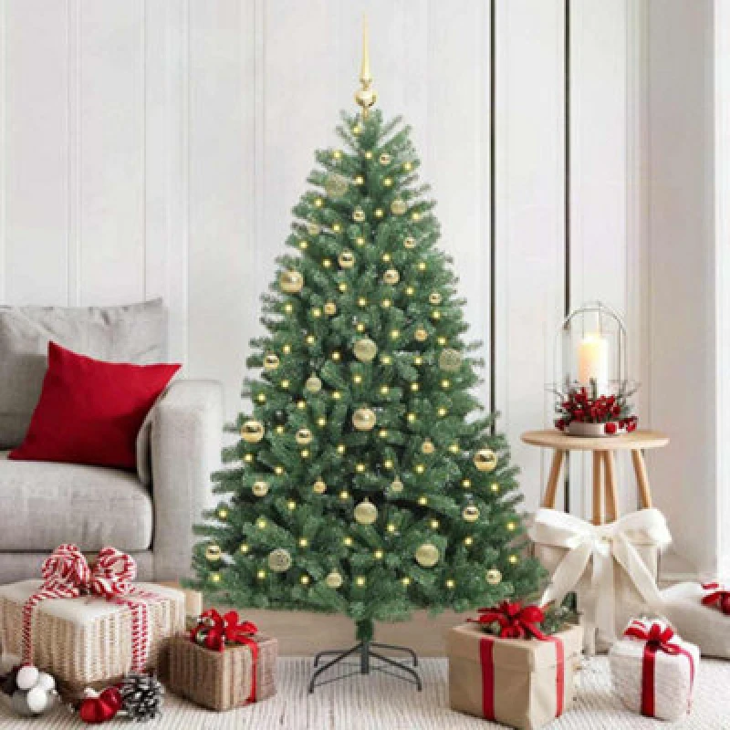 Image of vidaXL Artificial Hinged Christmas Tree with Gold Balls Green 150cm PVC and Metal, Green 3395482