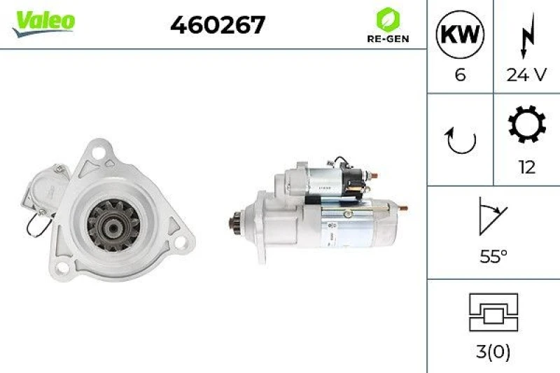 Image of VALEO 460267 Starter motor VALEO RE-GEN REMANUFACTURED 6kW, 24V, Number of Teeth: 12 Starter (2)