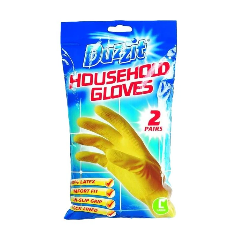 Image of Duzzit Latex Gloves Pack of 2 in Yellow Size: Large Yellow Unisex L