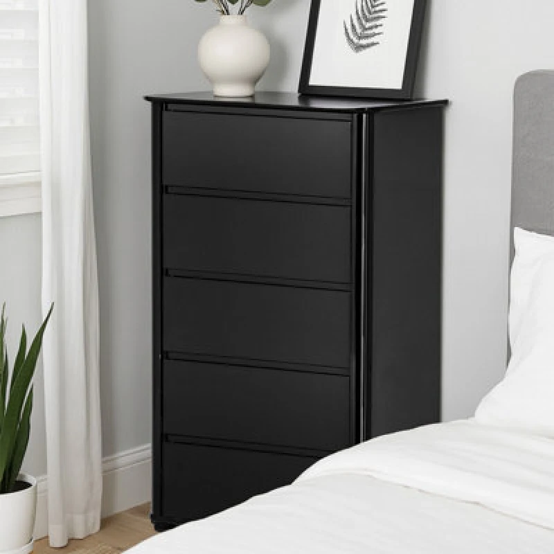 Image of Orsina Spacious Black High Gloss 5 Drawer Chest, Modern Chest Of Drawers For Livingroom, Minimalist Storage Chest