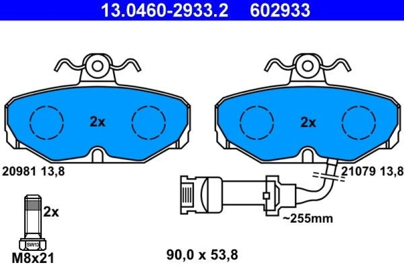 Image of ATE 13.0460-2933.2 Brake pad set incl. wear warning contact, with brake caliper screws Brake Pad Set,disc brake (402)