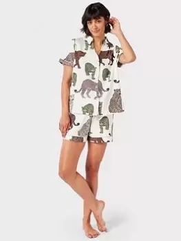 Image of CHELSEA PEERS Organic Cotton Leopard Short Pyjama Set, Off White, Size 10, Women