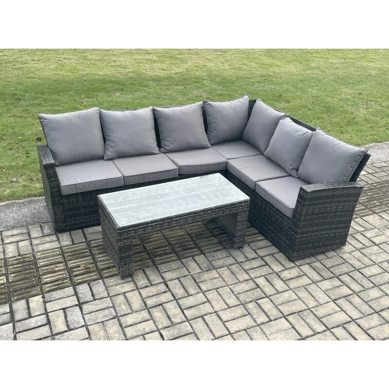Image of Fimous 6 Seat Rattan Garden Furniture Corner Sofa Set Outdoor Patio Sofa Table Set with Cushions Dark Grey Mixed Dark Grey Unisex