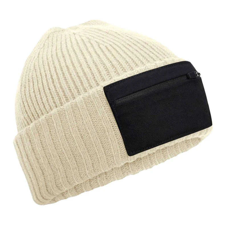 Image of Beechfield Mens Zip Patch Beanie in Cream Cream Male One Size