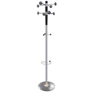 image of 5 Star Facilities Decorative Coat Stand with Umbrella Holder 8 Pegs 3 Hooks Base 380mm Height 1840mm Grey