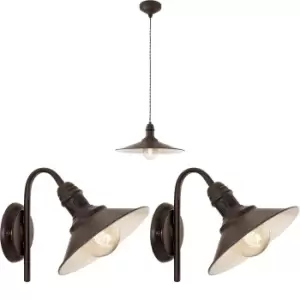 Image of Ceiling Pendant Light & 2x Matching Wall Lights Antique Rust Effect Lamp Shade
