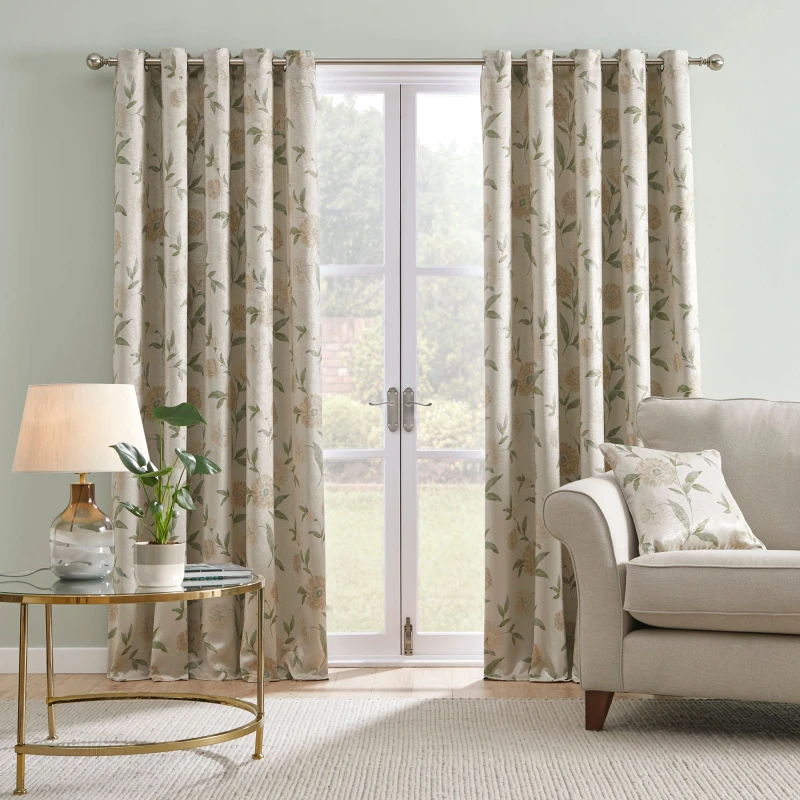 Image of Dreams and Drapes Dahlia Floral Print Eyelet Curtains in Duck Egg - Beige Beige 9