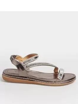 image of Yours Wide Fit Strappy Asymetric Sparkle Flat Sandal, Grey, Size 10E, Women