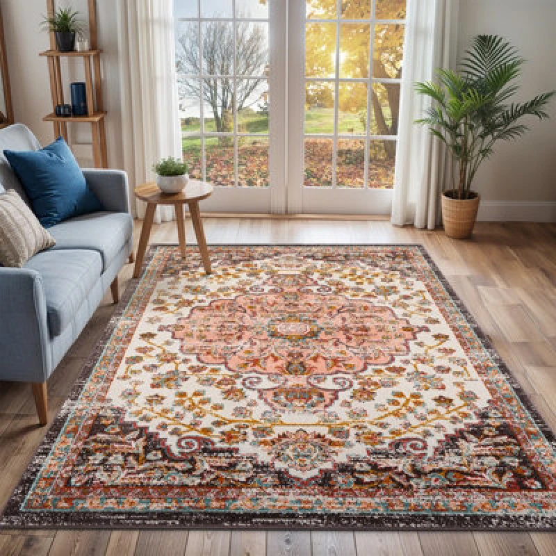 Image of Livabliss Vintage Oriental Boho Brick Celia Area Rug 160 X 213cm - Easy Care, Non Shedding, Ideal For Living Room & Bedroom