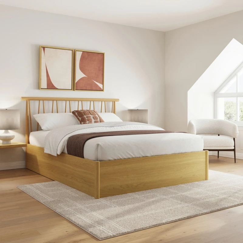 Image of GFW Fusum King Spindle Ottoman Oak Bed & Pocket Mattress, Brown FUS50OKSP