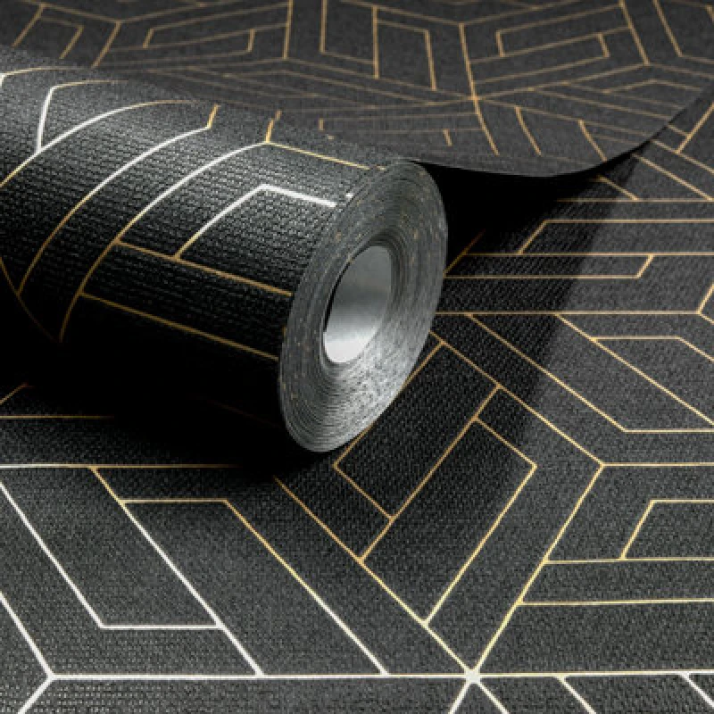 Image of Grandeco Cobra Geometric Pattern Metallic Blown Vinyl Wallpaper, Charcoal Black