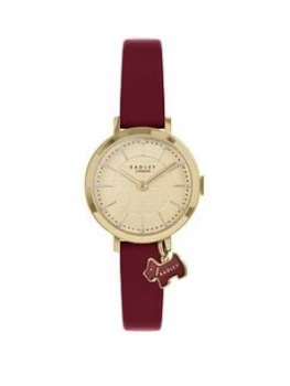 image of Radley Selby Street Gold Dog Charm Dial Dark Red Leather Strap Ladies Watch