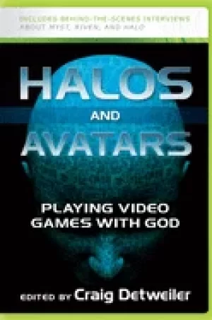 Image of halos and avatars playing video games with god