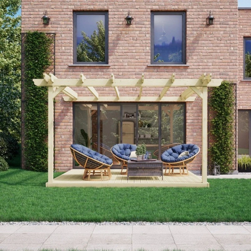Image of Rutland County Garden Furniture Ltd Wall Mounted Double Garden Pergola & Decking Kit, W480cm, Brown in Green Green Unisex