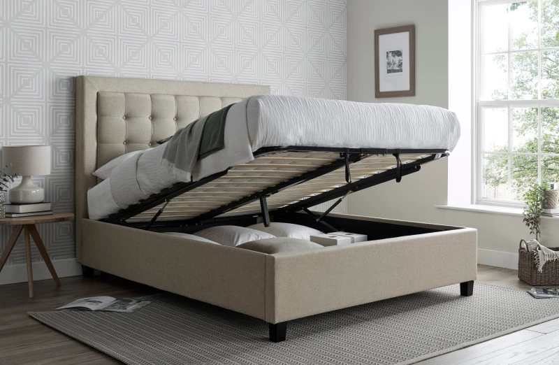 Image of Bedmaster Bedmaster Brandon Fabric Ottoman Bed And Memory Maestro Memory Foam Mattress in Light Brown Size: Double Light Brown Double Unisex 9507497