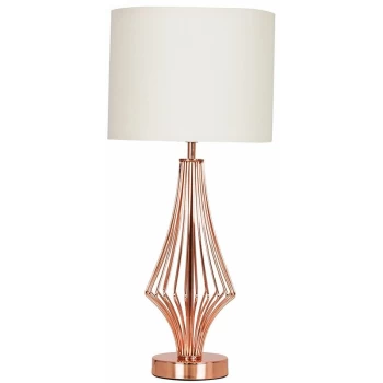 Image of Copper Metal Wire Geometric Diamond Table Lamp With Drum Shade - Beige
