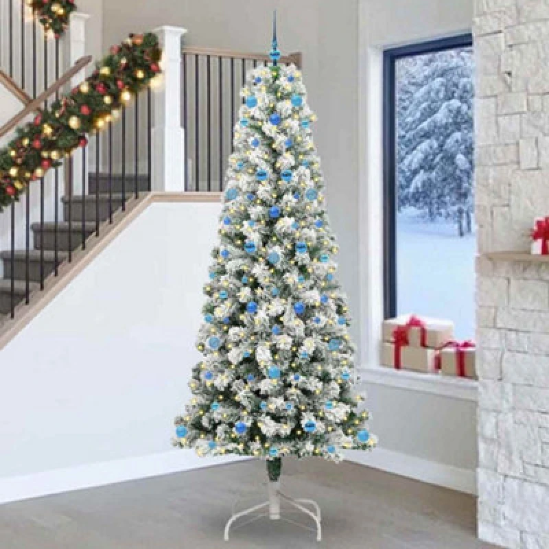Image of vidaXL Artificial Hinged Christmas Tree with Blue Balls Green and white 240 cm, Green 3395620