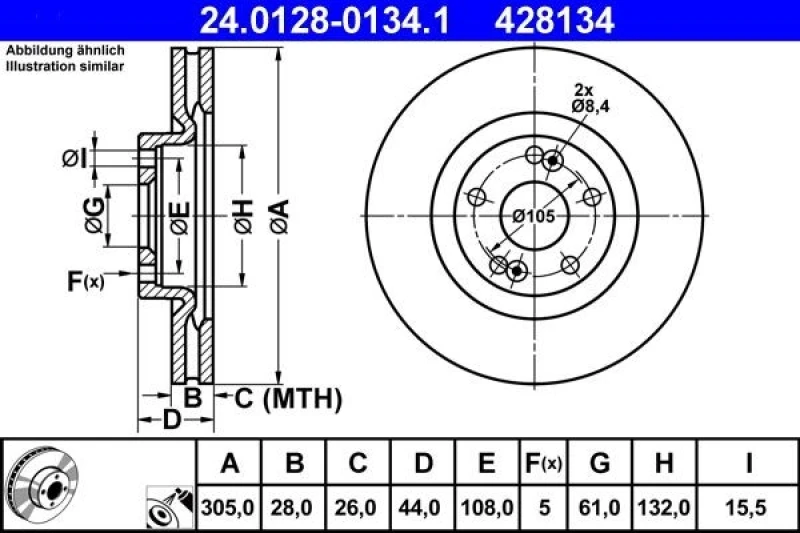 Image of ATE 24.0128-0134.1 Brake disc Vented, Coated Brake Disc (82)