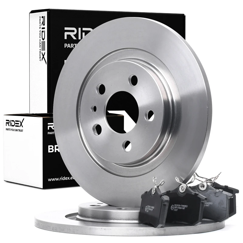 Image of RIDEX 3405B1021 Brake disc and pads set Rear Axle, Brake Disc Type: Solid, not prepared for wear warning indicator Brake Set,disc brakes (3405)
