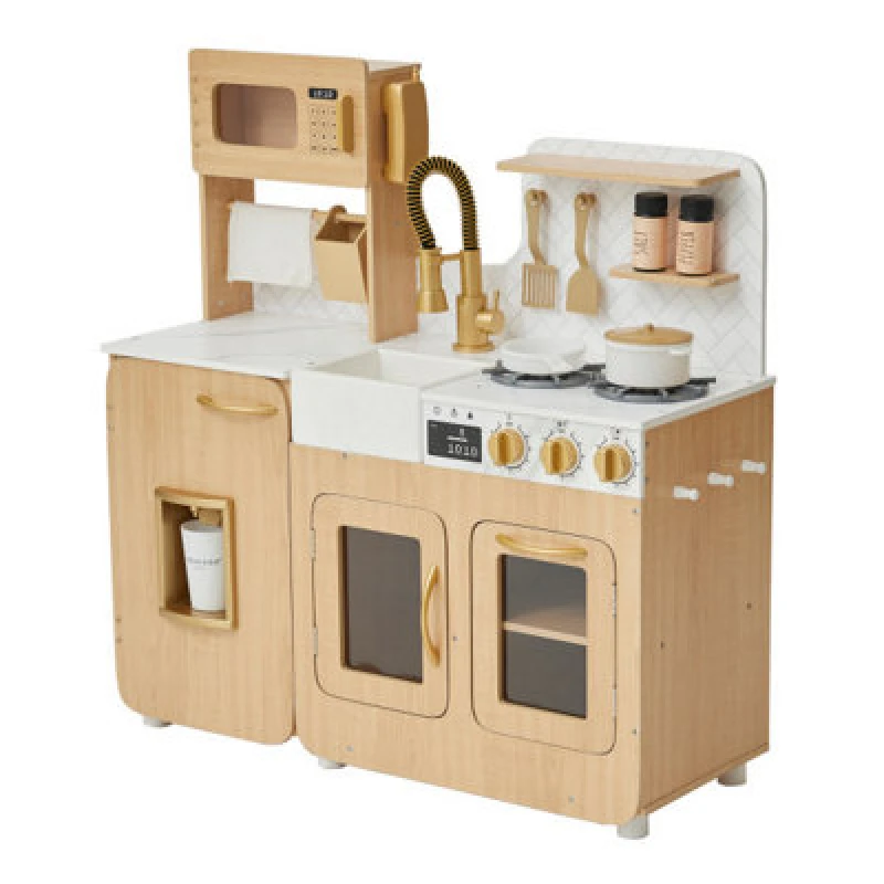 Image of Teamson Kids Little Chef Cyprus Wooden Play Kitchen In Oak With Marble Counter, 14 Accessories, Click Knobs, Shelves & Hooks