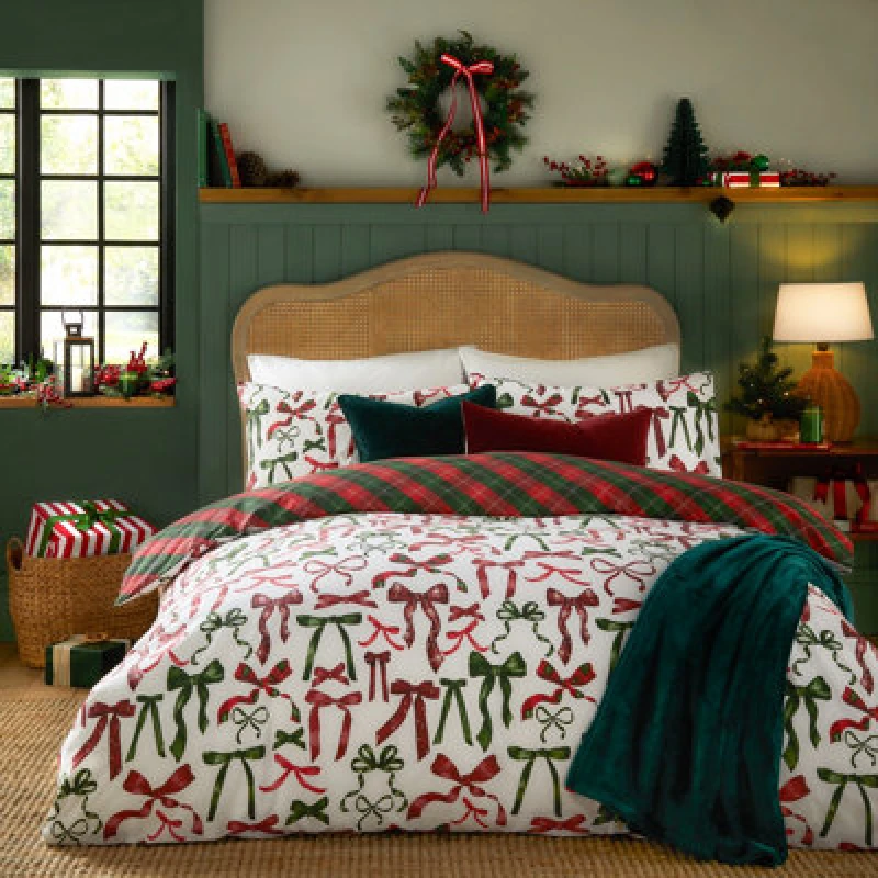 Image of Furn. Nathalie Festive Bows Printed Duvet Set, Super King, Blue
