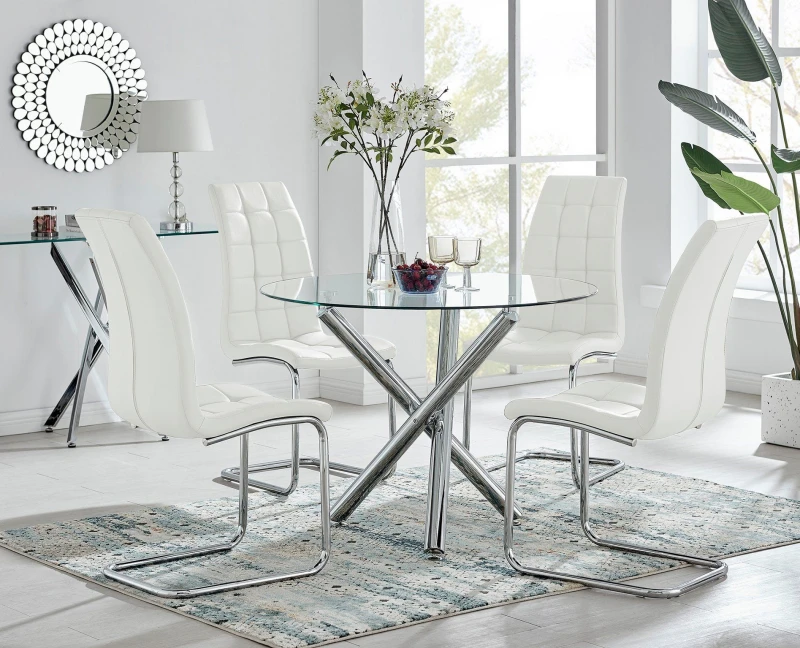 Image of FurnitureboxUK FurnitureboxUK Selina Round Glass Chrome Leg Dining Table and Murano Chairs in Off White Size: 4 Person Off White 4 Person Unisex 505