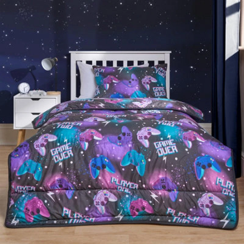 Image of OHS OHS Gaming Coverless 10.5 Tog Duvet Set Bed Quilted Gamer Pillowcase in Black Size: Single Black Single Unisex 5027434212668