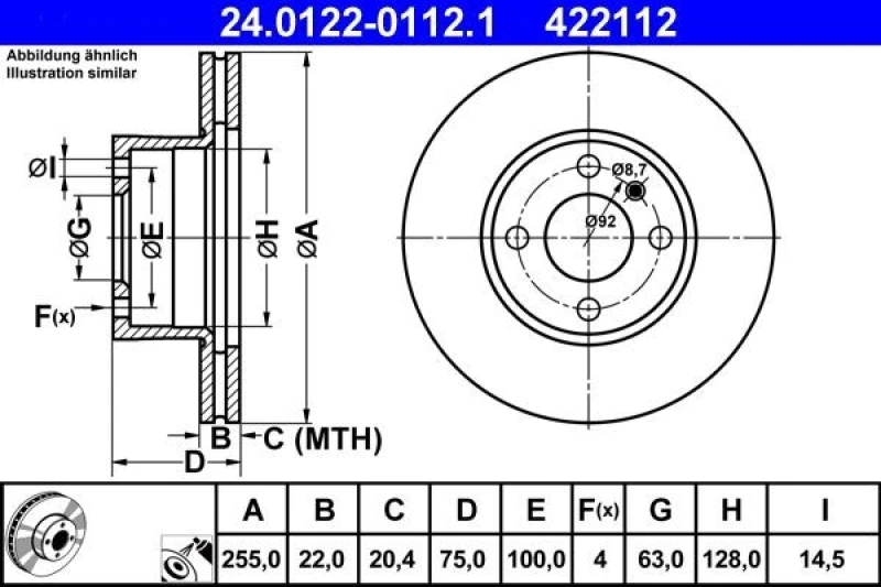 Image of ATE 24.0122-0112.1 Brake disc Vented, Coated Brake Disc (82)
