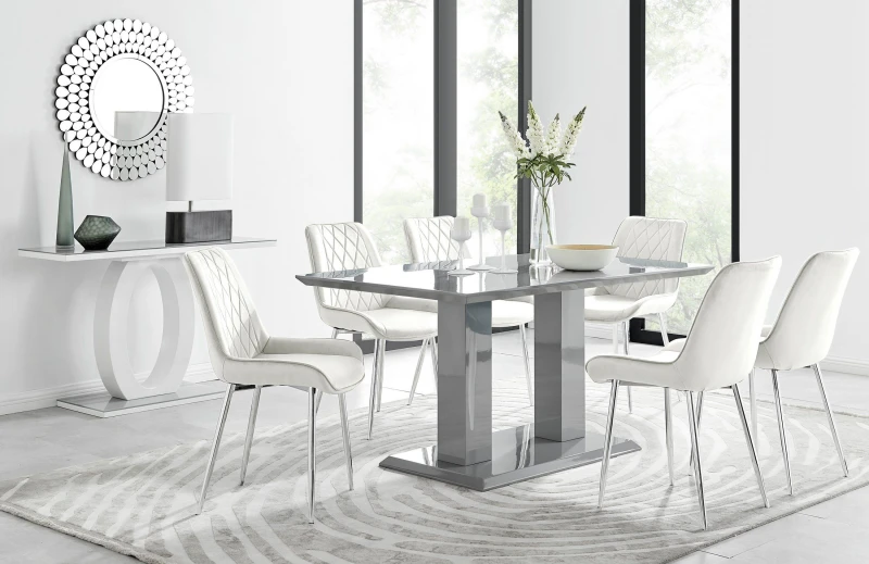 Image of FurnitureboxUK FurnitureboxUK Imperia 6 Grey Dining Table and 6 Pesaro Silver Leg Chairs in Cream Cream One Size Unisex 5056542662492