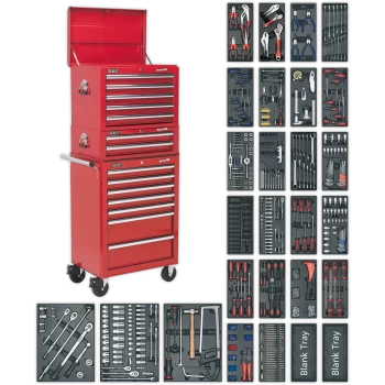 image of Sealey Superline Pro 14 Drawer Roller Cabinet, Mid and Top Tool Chests + 1179 Piece Tool Kit Red