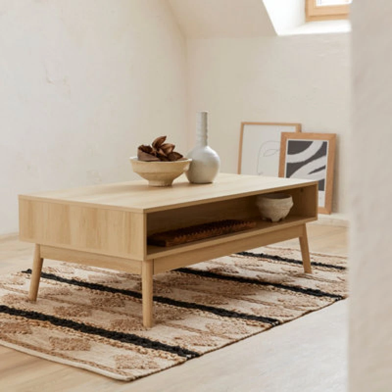 Image of Sweeek - Grooved Wood Detail Coffee Table Linear Natural 110X59X39 Cm