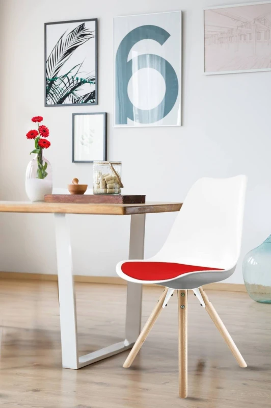 Image of Fusion Living Soho Plastic Dining Chair With Pyramid Light Wood Legs White &red, Red FL1801