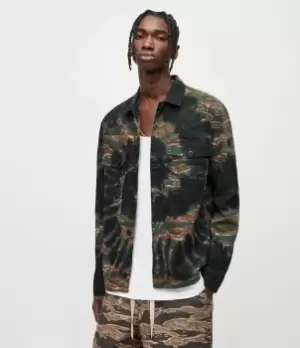 Image of AllSaints Mens Cotton Tie dye Print Relaxed Fit Dockweiler Dye Shirt, Brown and Green, Size: M, Brown/Green