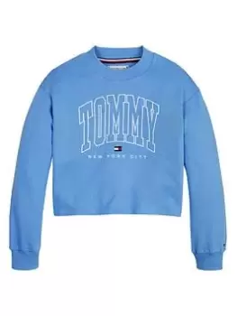 Image of Tommy Hilfiger Girls Bold Varsity Cropped Crew Sweat - Blue Size Age: 12 Years, Women