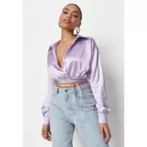 Missguided Satin Wrap Front Crop Shirt - Purple