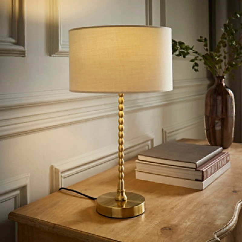 Image of ValueLights ValueLights Maeve Fabric Drum Lamp Shade Brushed Gold Bobbin Bobble Table Lamp with LED Bulb in Natural Natural One Size Unisex 5059406067