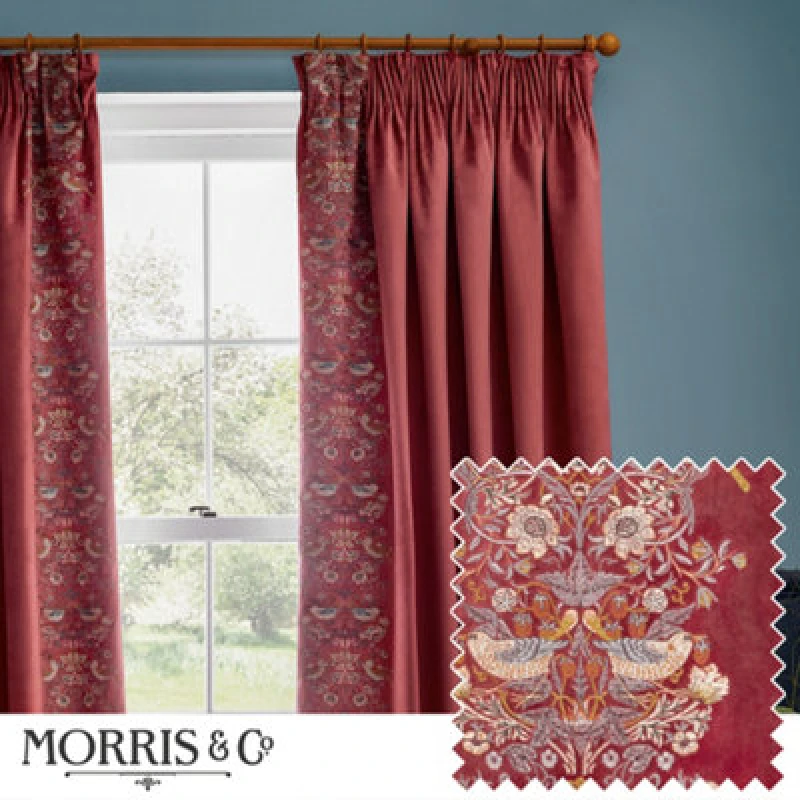 Image of Morris & Co Morris & Co Strawberry Thief Embroidery Embroidered Velvet Room Darkening Pencil Pleat Curtains Size: 117cm width x 183cm drop Red 117cm
