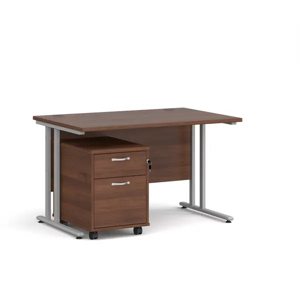 image of Maestro 25 Straight Desk with Silver Cantilever Frame and 2 Drawer Pedestal - Walnut - 1200mm x 800mm