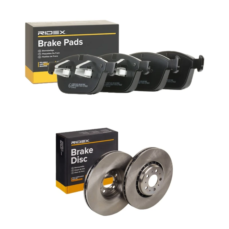 Image of RIDEX 3405B2592 Brake disc and pads set Front Axle, Brake Disc Type: Externally Vented, not prepared for wear warning indicator Brake Set,disc brakes