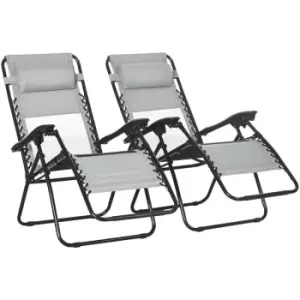 image of Outsunny Foldable Garden Recliner Chair Set of 2 w/ Footstool & Headrest, Grey - Grey