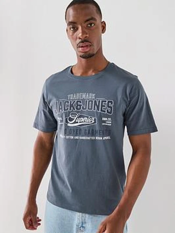 Image of jack & jones Logo Print Crew Neck Short Sleeve T-Shirt grey blue Cotton S