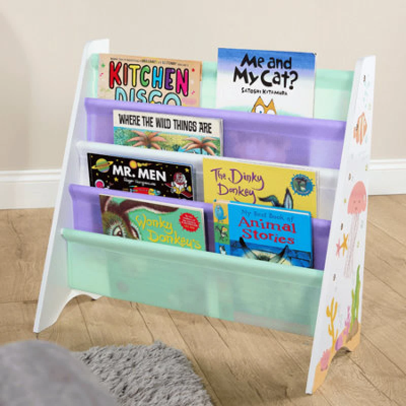 Image of Home Source Anya Kids Ocean Theme 4-Tier Sling Bookshelf Front-Facing Book Storage Rack Shelving Unit